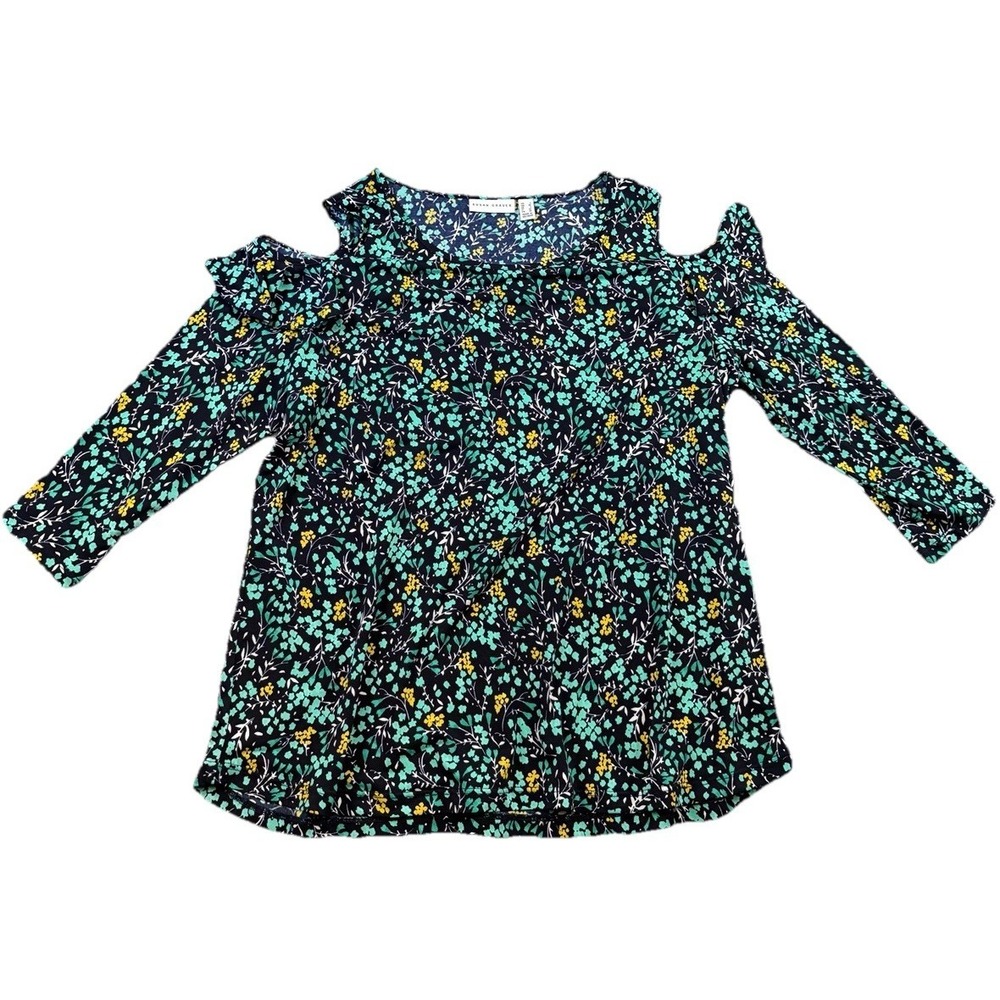 Susan Graver Cold Shoulder Ruffle Ditsy Floral Print Pullover Blouse Stretch L